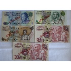 GHANA 1977 . ONE 1 - TEN 10 CEDI BANKNOTES . SPECIMEN